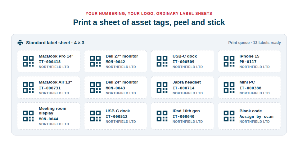 Diagram of a sheet of printed IT asset labels laid out for a standard Avery label sheet, each carrying a QR code, an asset ID such as IT-000418 and a company name.