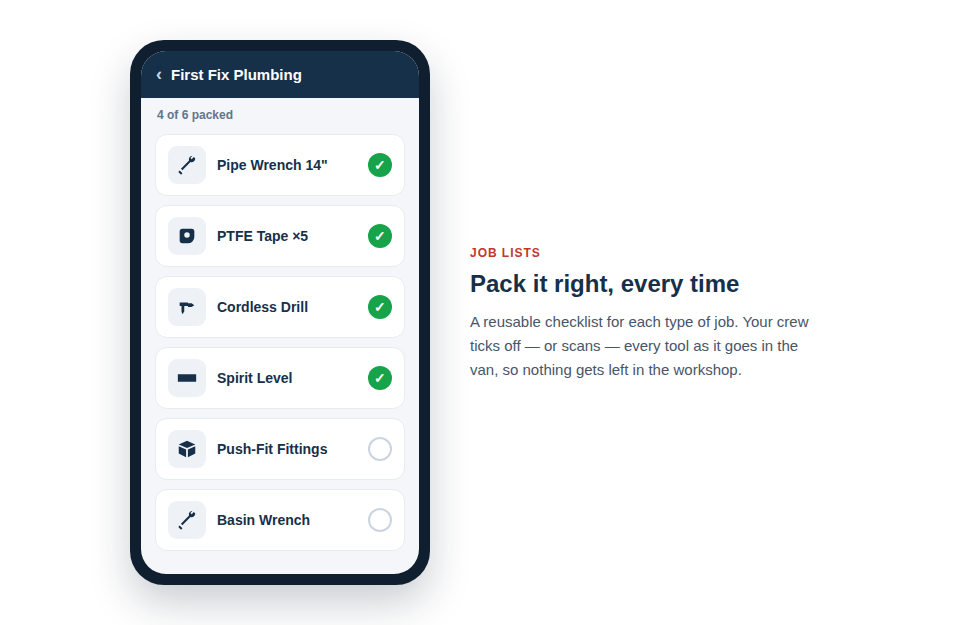A phone screen showing a checklist for a 'First Fix Plumbing' job, with items being checked off.