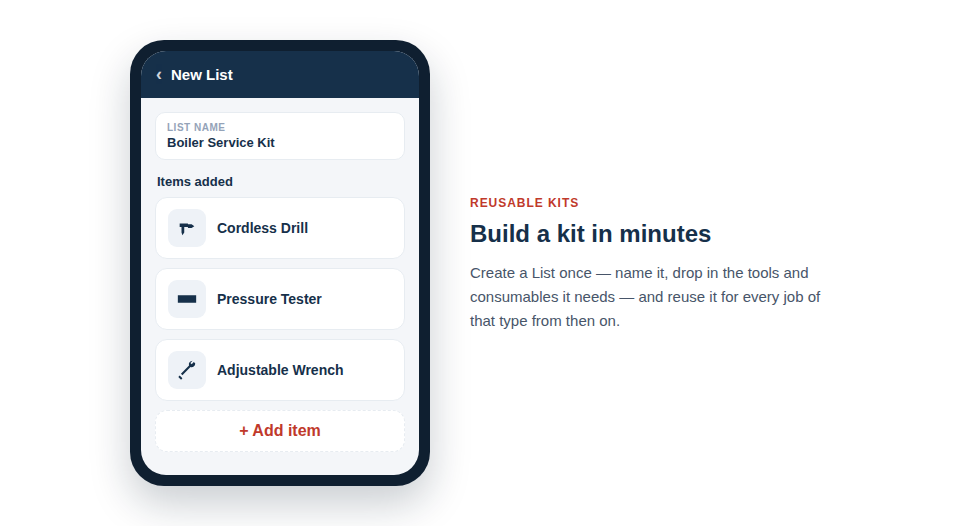 An animation of the Asset Giant app. A user creates a new 'List', names it 'Boiler Service', and adds a drill, a pressure tester, and a wrench to it.