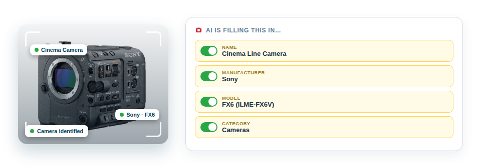 Illustration of a phone scanning a Sony FX6 cinema camera body while the AI fills in its name, make and model automatically.