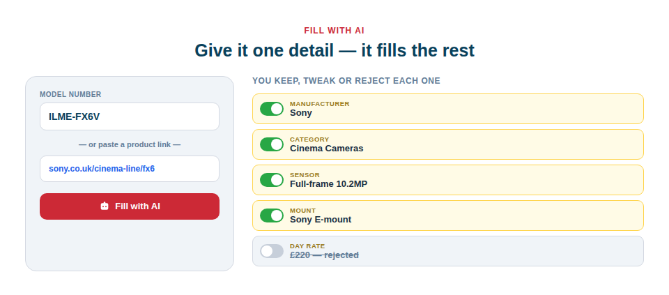 Illustration of the Fill-with-AI panel taking a camera model number and completing the brand, category and specification, with accept and reject toggles on each suggested field.