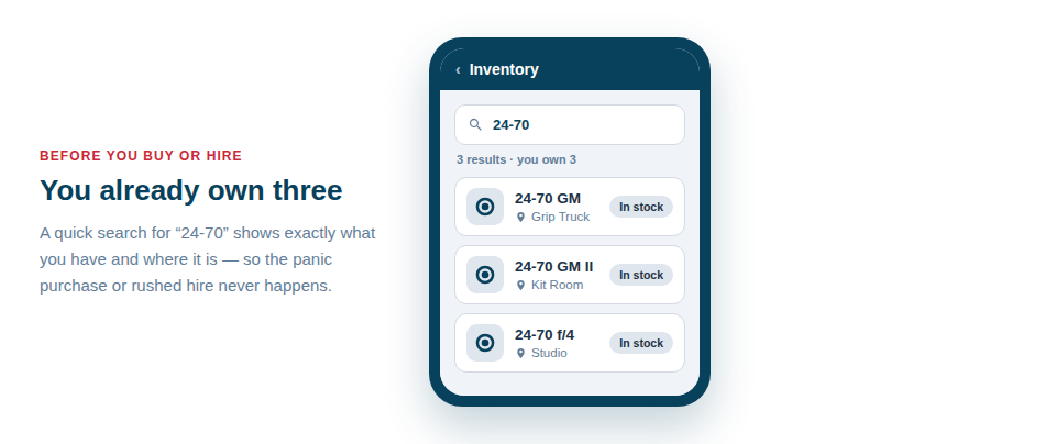 Illustration of a phone search for a camera returning three the company already owns, each with its current location.