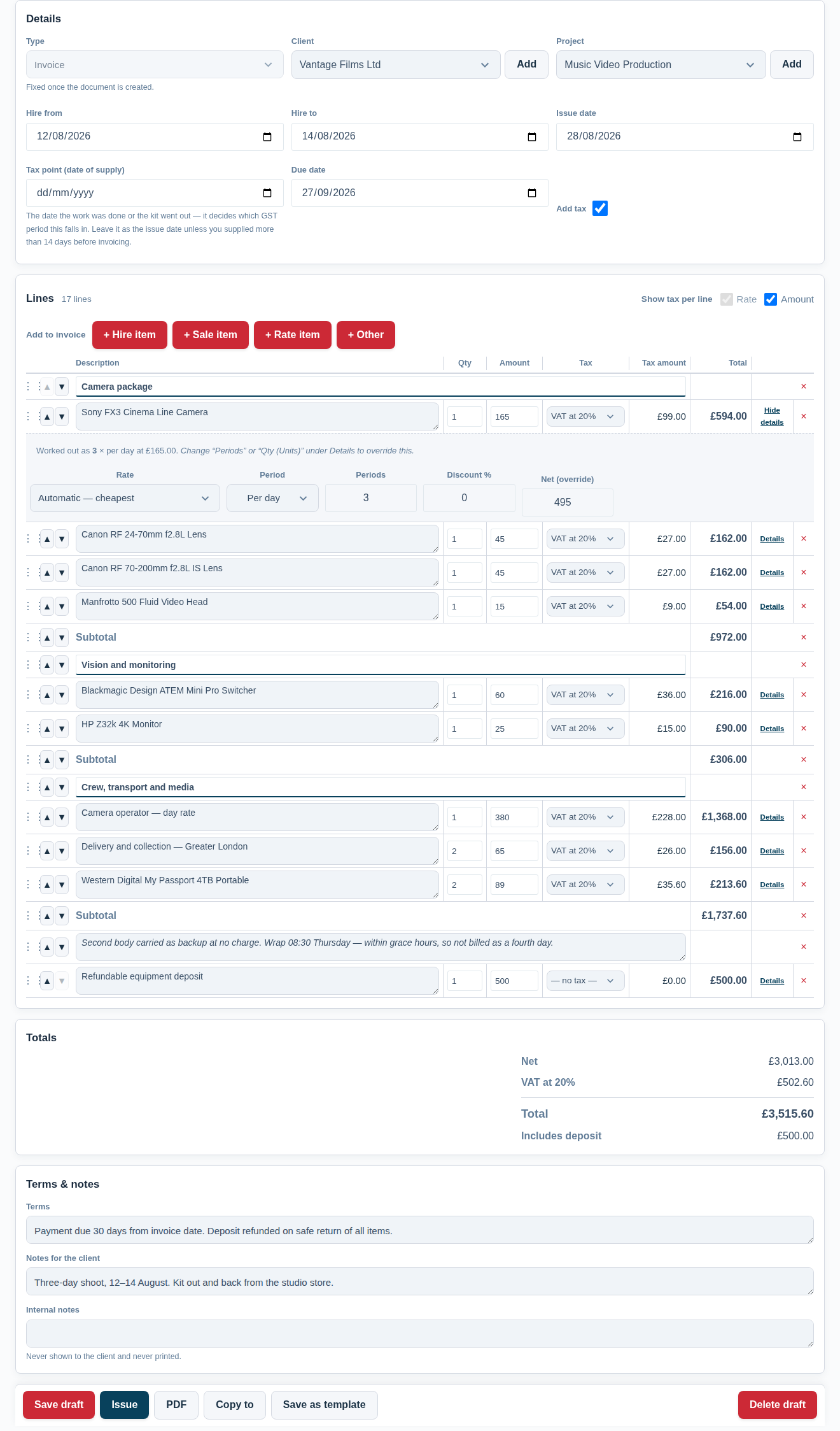 Screenshot of the Asset Giant invoice editor on a desktop, showing a production invoice for Vantage Films with a camera package, vision and monitoring, and crew and transport sections, one hire line's Details panel open on its rate band, period and periods, and a refundable deposit line at the foot.