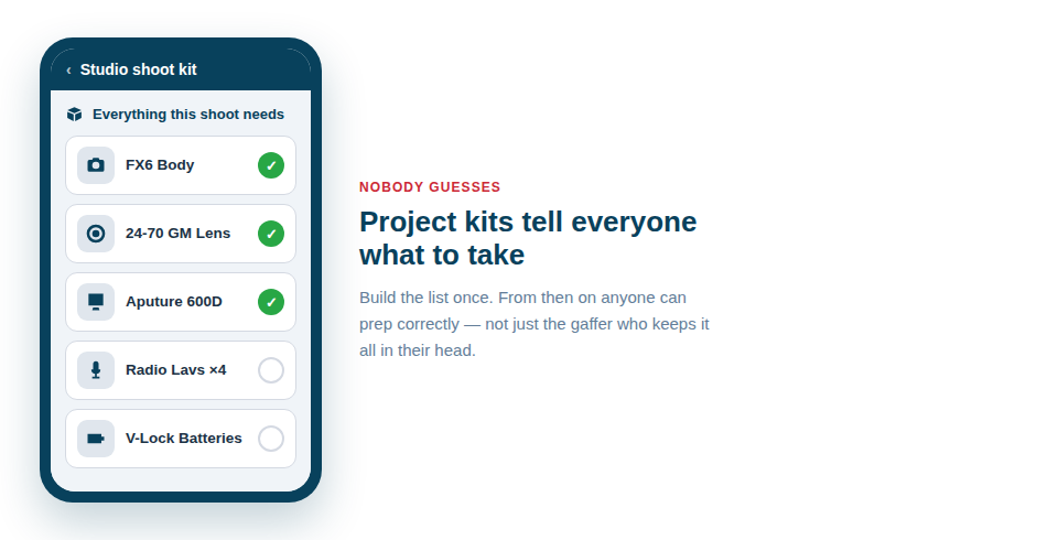 Illustration of a project kit list on a phone, listing exactly the cameras, lights and accessories a specific shoot needs, each ticked off as it's scanned.