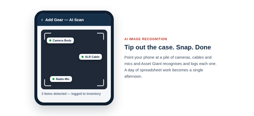 A smartphone screen showing the Asset Giant app scanning a pile of event equipment like cameras, cables, and microphones, with AI icons identifying each item automatically.
