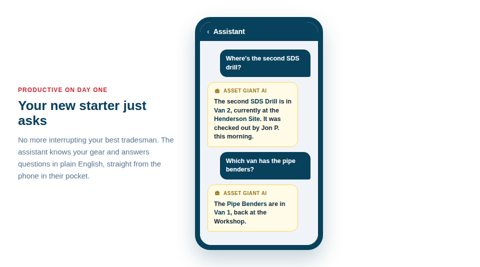 Illustration — an apprentice on a phone asking the AI assistant a question and getting an instant, plain-English answer about where a tool is.