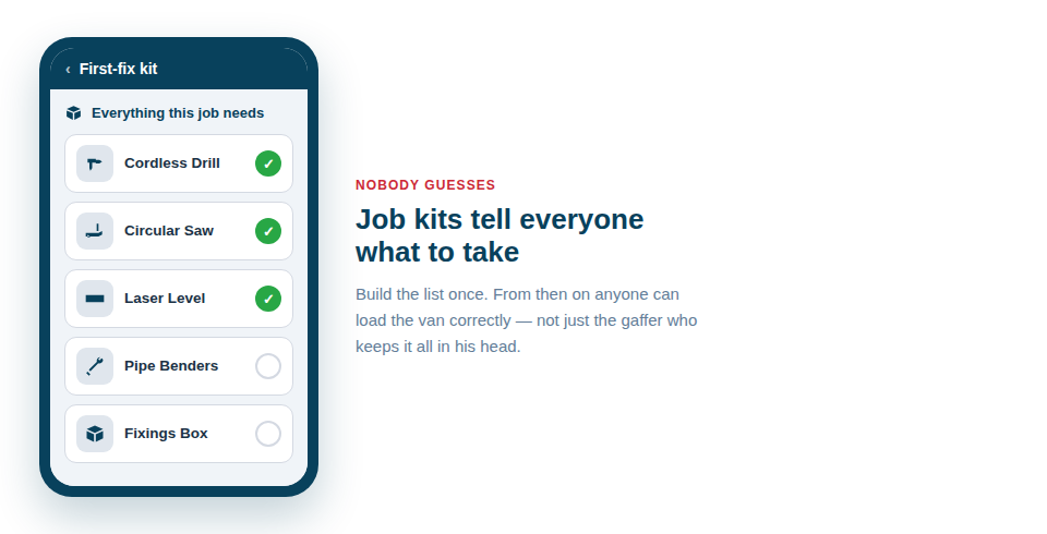 Illustration — a job kit checklist on a phone, listing exactly the tools and materials a specific job needs.