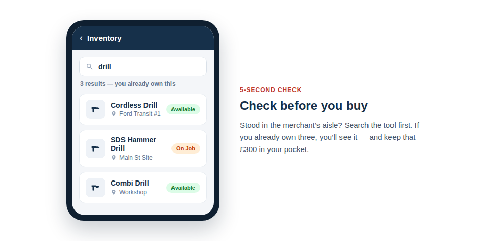 A phone showing a search result for a 'drill' with multiple results listed, preventing a duplicate purchase.