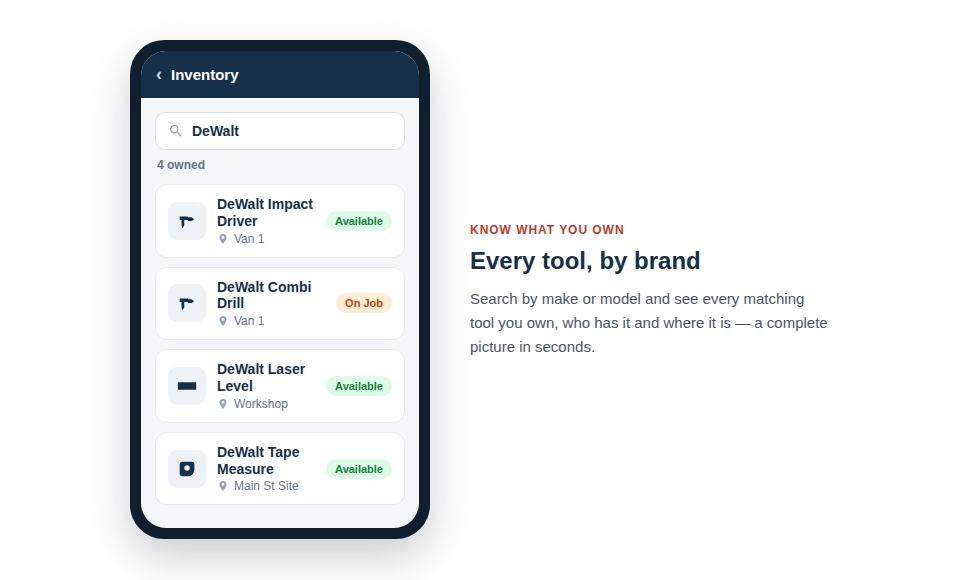 An animation of the Asset Giant app on a phone. A user types "DeWalt" into a search bar, and a list of owned DeWalt tools appears with their locations.