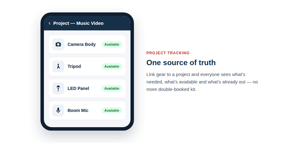 A tablet screen displaying a clean project prep list in the Asset Giant app. The list shows items like 'Camera Body', 'Tripod', 'LED Panel', each with a green 'Available' status icon next to it.