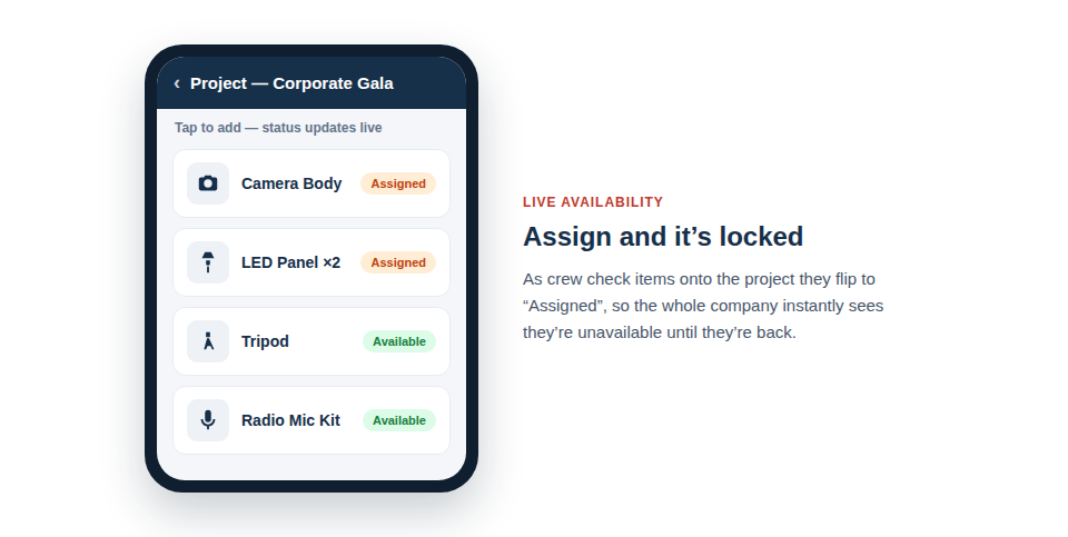 An animation showing assets from a main inventory list being dragged and dropped into a 'Project Folder' on a screen, with the item's status automatically changing from 'Available' to 'Assigned'.