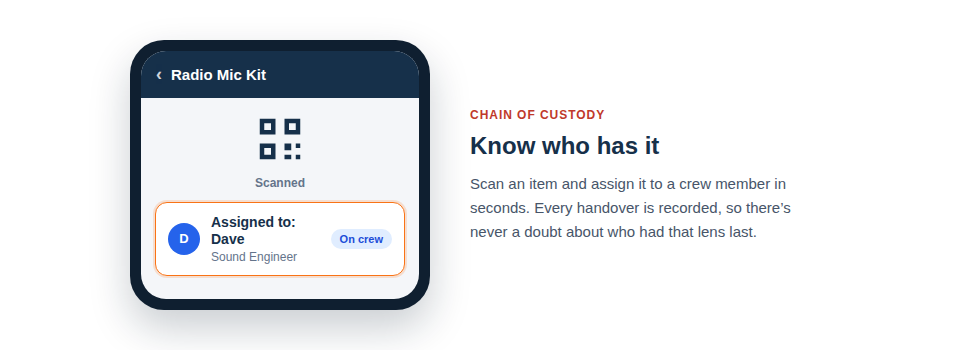 An animation showing a QR code on a camera being scanned by a phone. The phone screen then updates to show a profile picture of a crew member with the text 'Assigned to: Dave'.