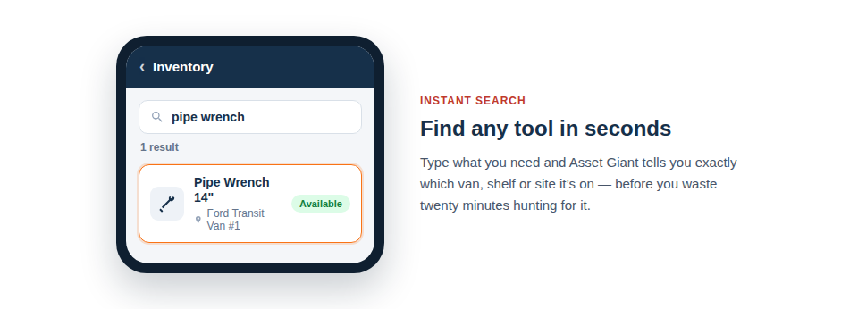 A phone screen shows the user searching for "pipe wrench" and the app displaying its location as "Ford Transit Van".